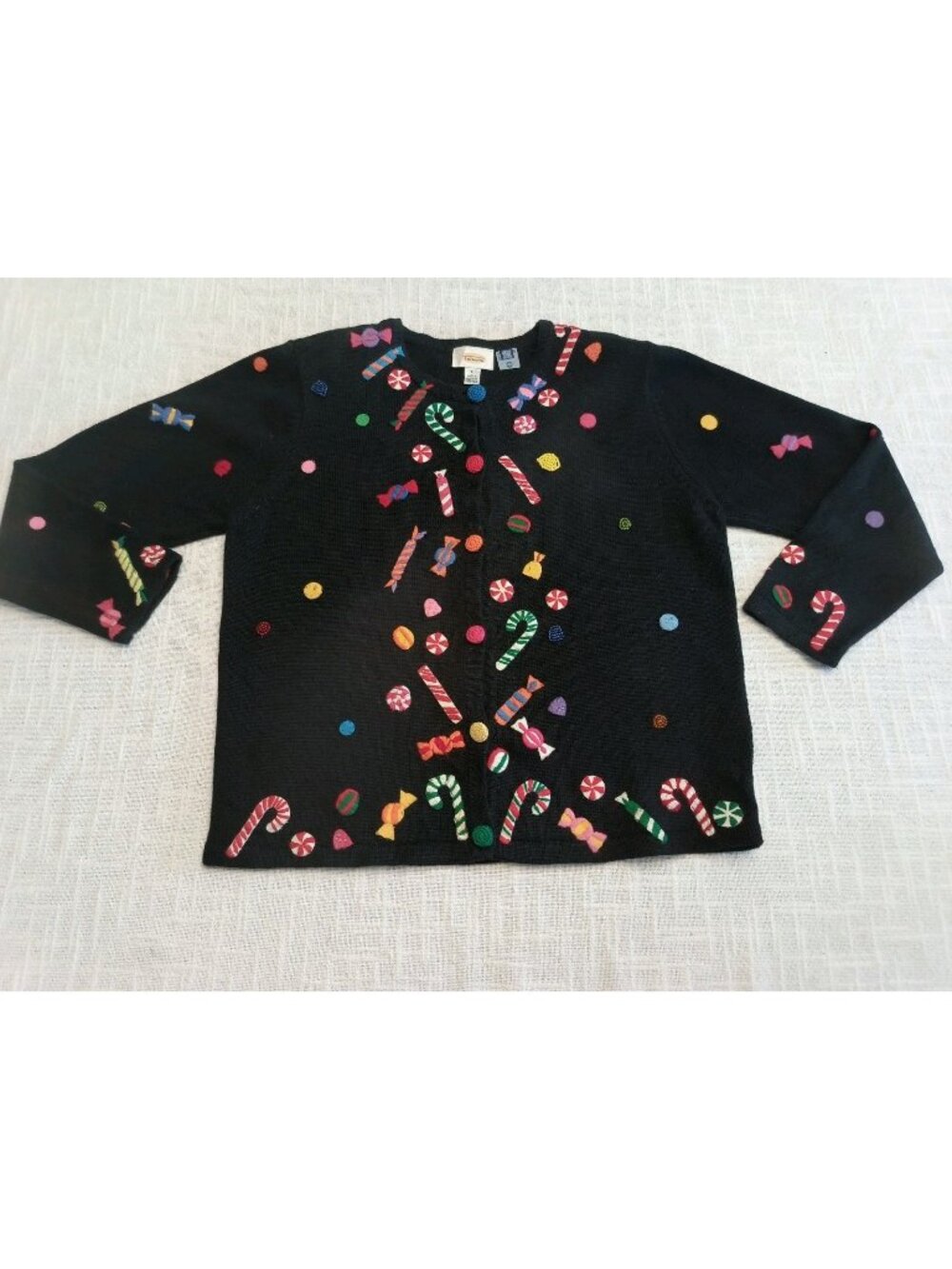 Vintage Talbots Hand Knit Christmas Holiday Sweater Cardigan Candy Canes Size L